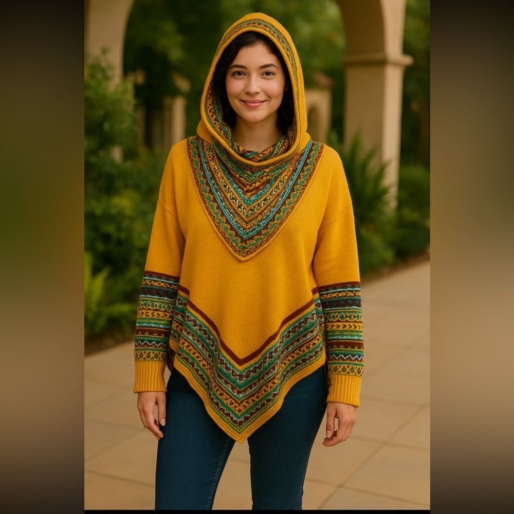Boho Mustard Alpaca Poncho Sweater Convertible Cowl Neck Hoodie Cozy Lagenlook